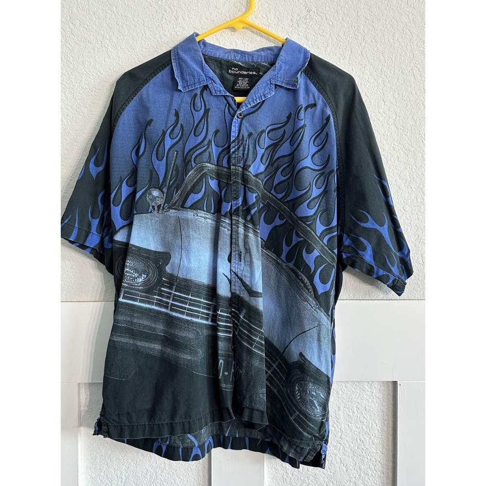 Y2K No Boundaries 'Lead Foot' Blue Flame Button-Up Shirt L Short Sleeve